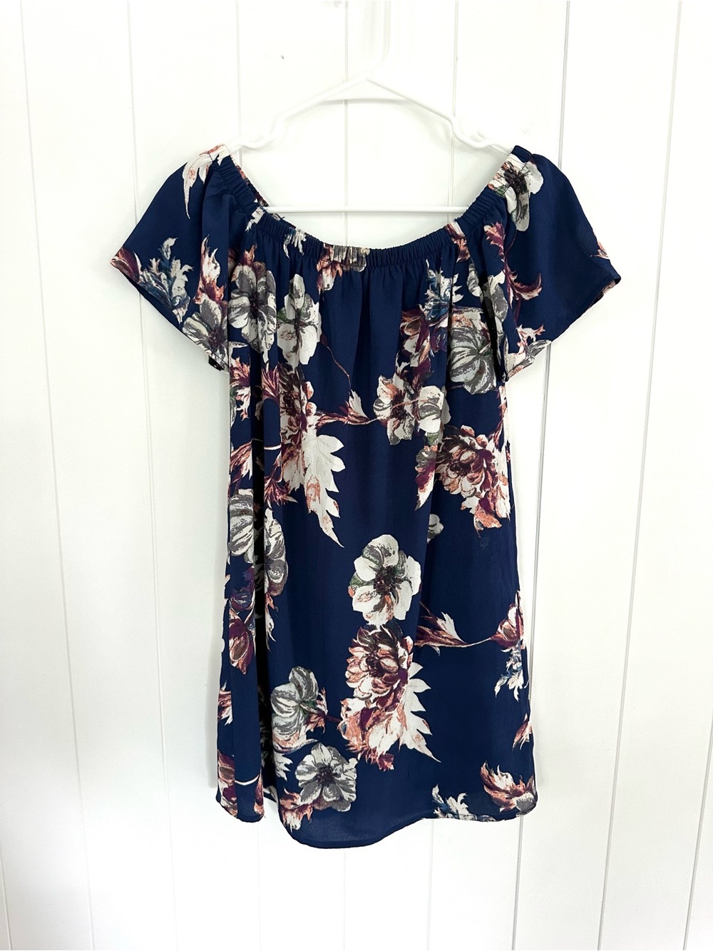 One Clothing Navy Floral Elastic Off The Shoulder Neck Line Mini Sun Dress